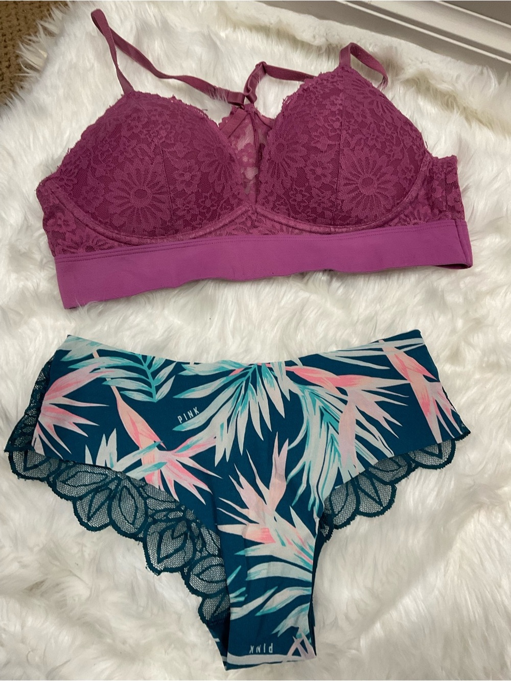 Y2K PINK Victoria's Secret Plum Lace Bralette with Teal Tropical Hipster